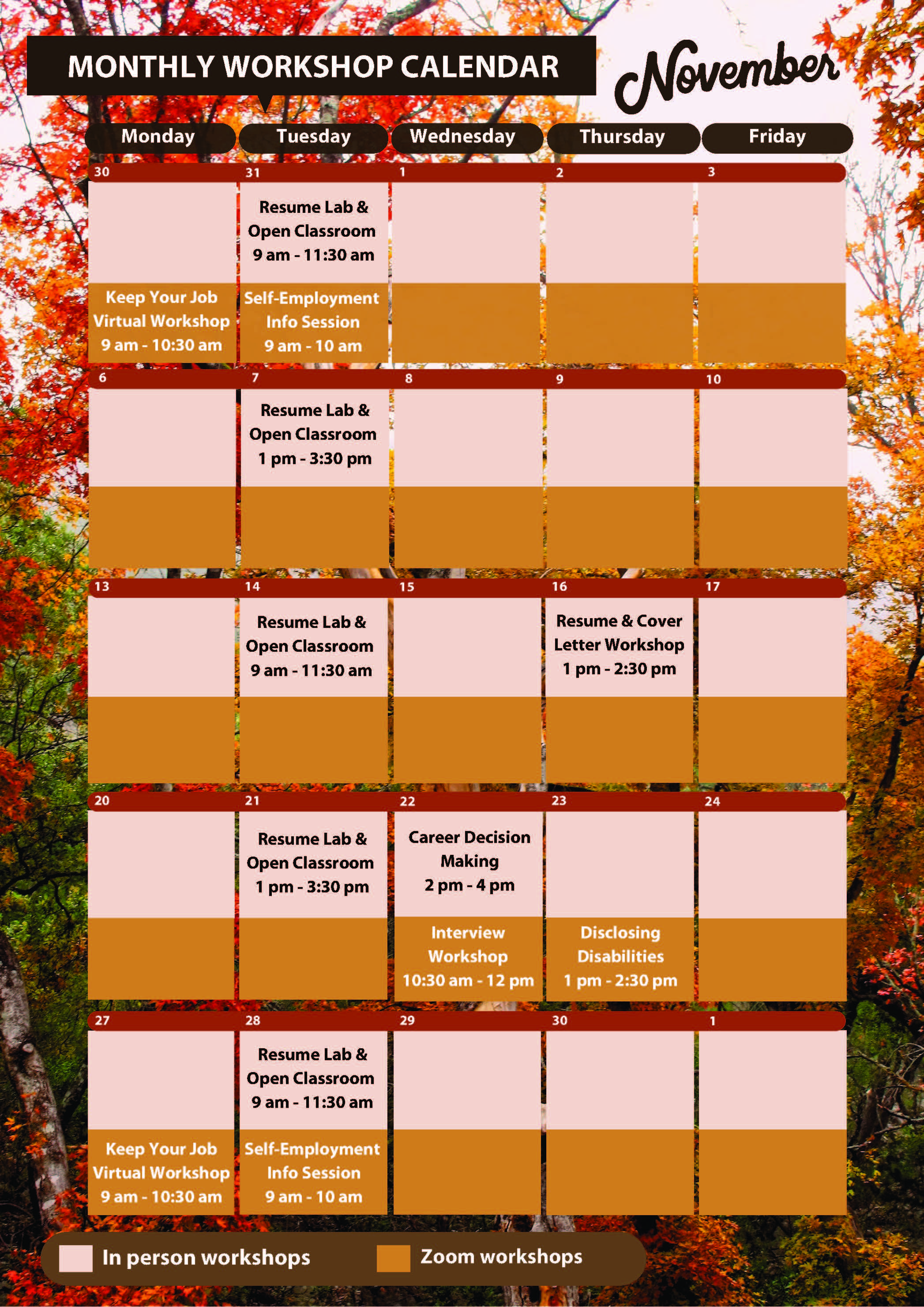Calendar for workshops in November